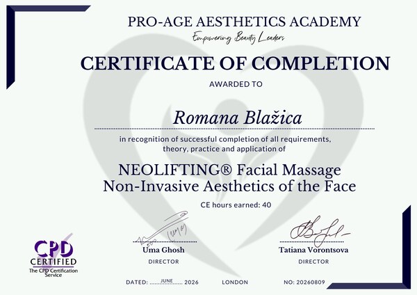 Potrdilo o opravljenem 40-urnem izobraževanju NeoLifting Facial Massage za Romano Blažica
