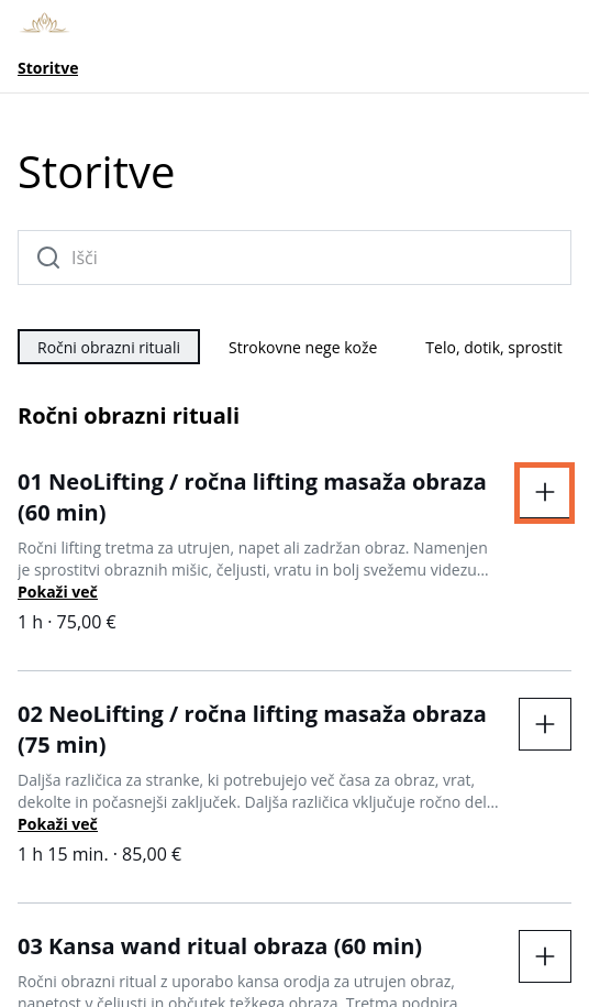 Prikaz izbire storitve v spletnem naročanju SumUp