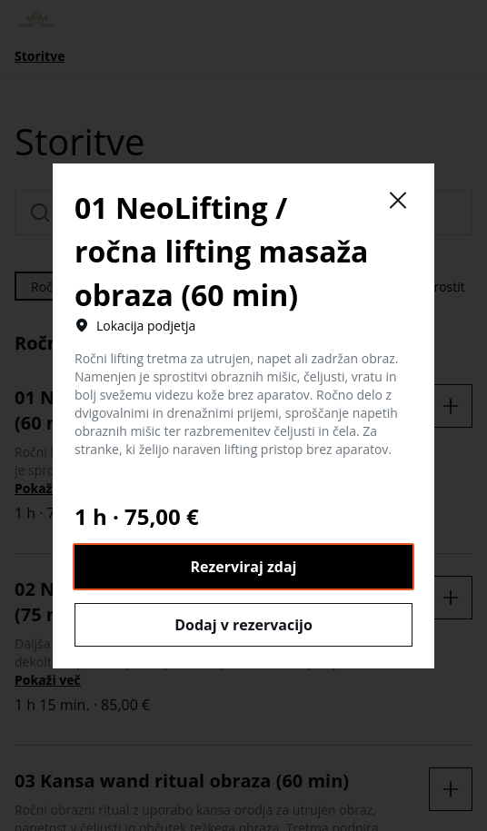 Prikaz podrobnosti izbrane storitve in gumba Rezerviraj zdaj