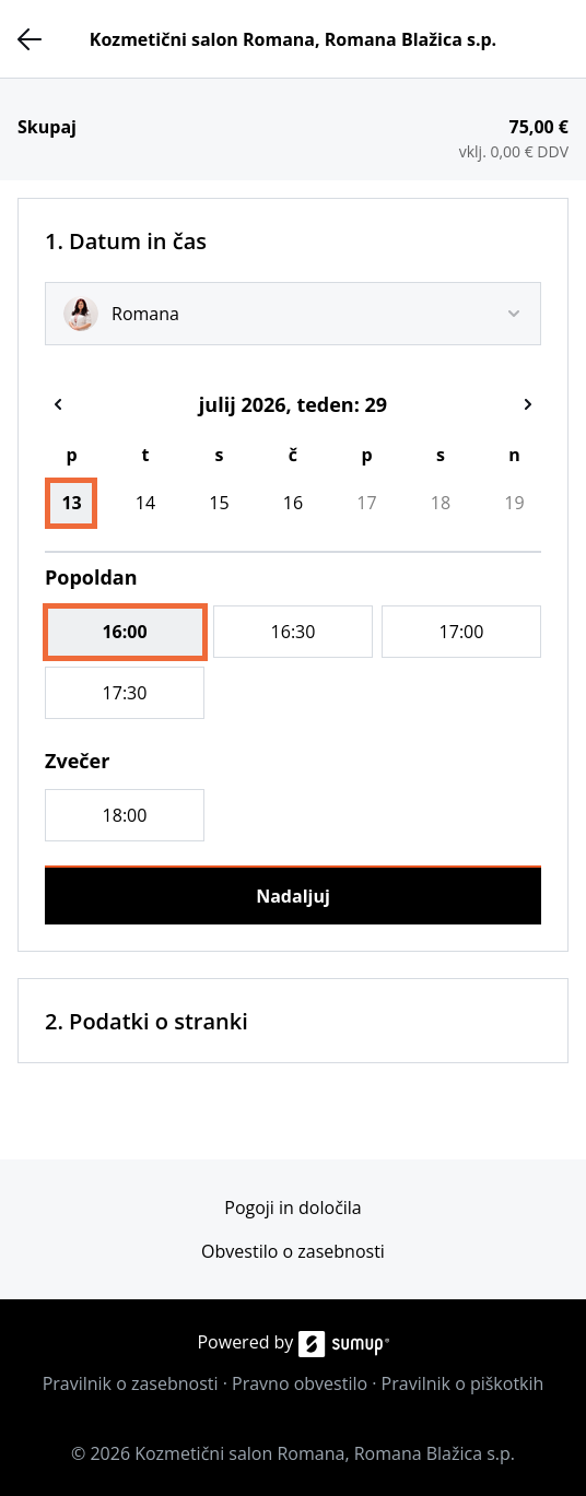 Prikaz izbire datuma in ure v spletnem naročanju SumUp