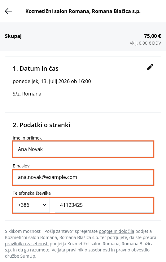 Prikaz obrazca za vpis imena, e-pošte in telefonske številke