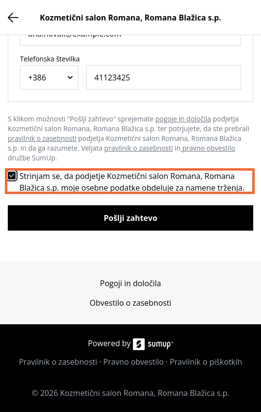 Prikaz zaključnega koraka z označenim soglasjem in gumbom Pošlji zahtevo