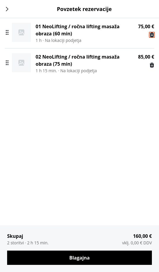Prikaz odstranitve odvečne storitve iz povzetka rezervacije