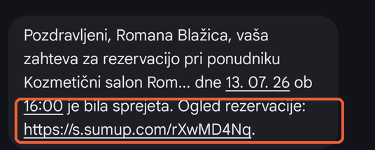 Prikaz SMS sporočila SumUp z označeno povezavo Ogled rezervacije