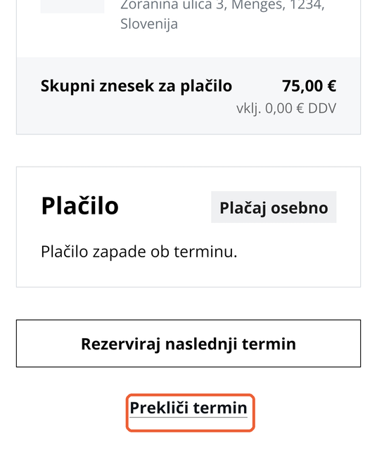 Prikaz strani rezervacije z označeno povezavo Prekliči termin