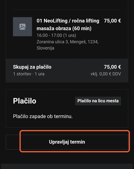 Prikaz e-pošte SumUp z označenim gumbom Upravljaj termin