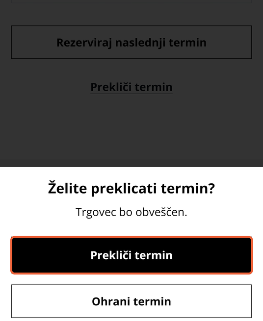 Prikaz potrditve odpovedi z označenim gumbom Prekliči termin